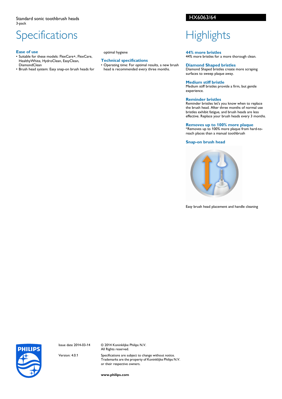 Specifications, Highlights | Philips Sonicare DiamondClean Standard sonic toothbrush heads HX6063-64 3-pack User Manual | Page 2 / 2