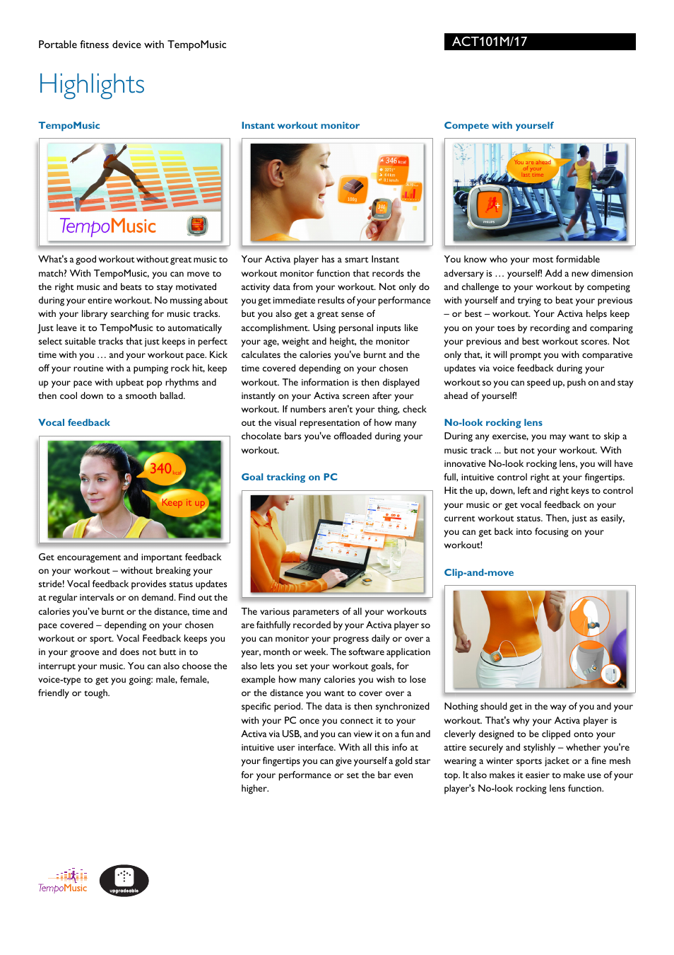 Highlights | Philips Activa Portable fitness device ACT101M with TempoMusic User Manual | Page 2 / 3
