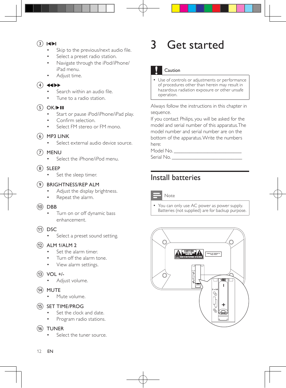 3 get started, Install batteries | Philips DC291-37 User Manual | Page 12 / 21