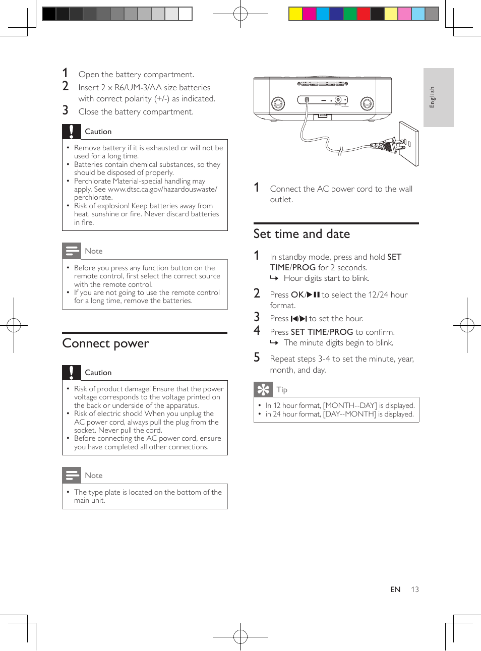 Set time and date 1, Connect power | Philips DC291-37 User Manual | Page 13 / 21