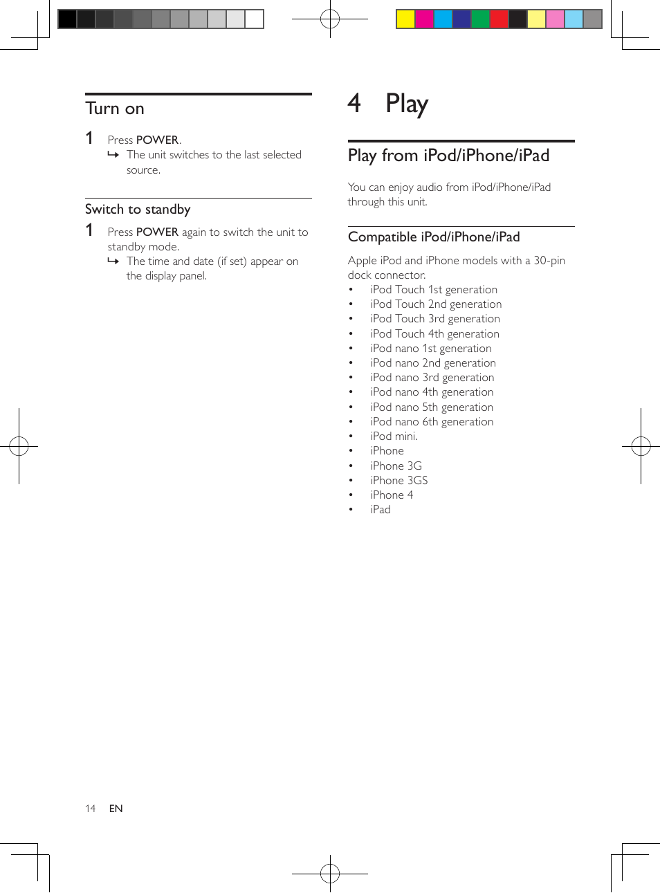 4 play, Play from ipod/iphone/ipad, Turn on 1 | Philips DC291-37 User Manual | Page 14 / 21