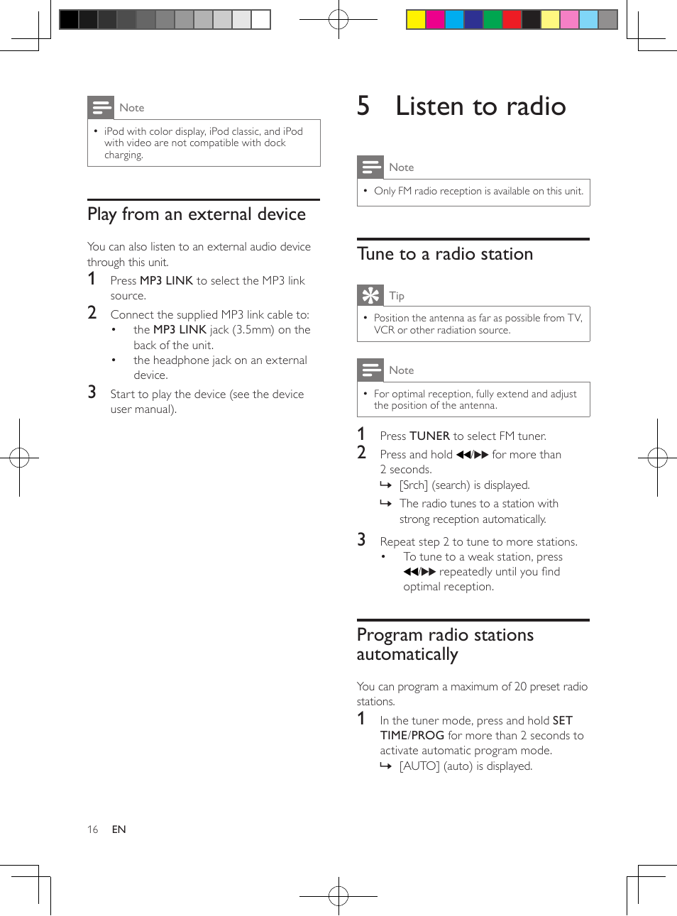 5 listen to radio, Tune to a radio station, Program radio stations automatically | Play from an external device | Philips DC291-37 User Manual | Page 16 / 21