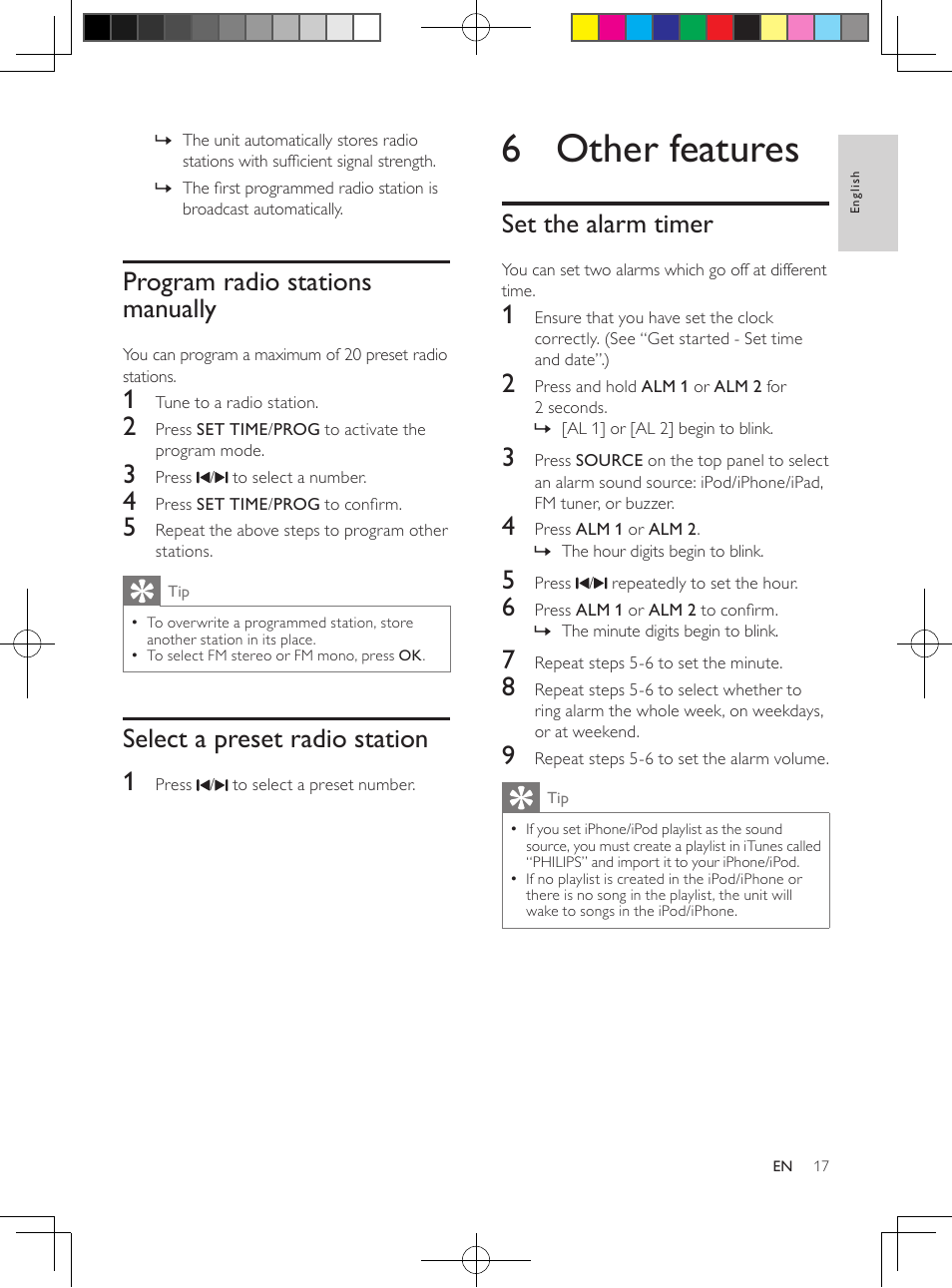 6 other features, Set the alarm timer, Program radio stations manually | Select a preset radio station 1 | Philips DC291-37 User Manual | Page 17 / 21