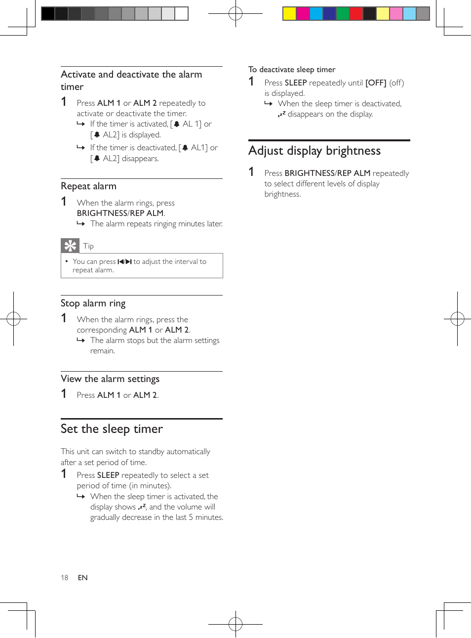 Adjust display brightness 1, Set the sleep timer | Philips DC291-37 User Manual | Page 18 / 21