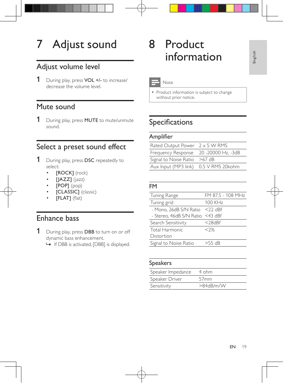 8 product information, 7 adjust sound, Specifications | Adjust volume level 1, Mute sound 1, Select a preset sound effect 1, Enhance bass 1 | Philips DC291-37 User Manual | Page 19 / 21