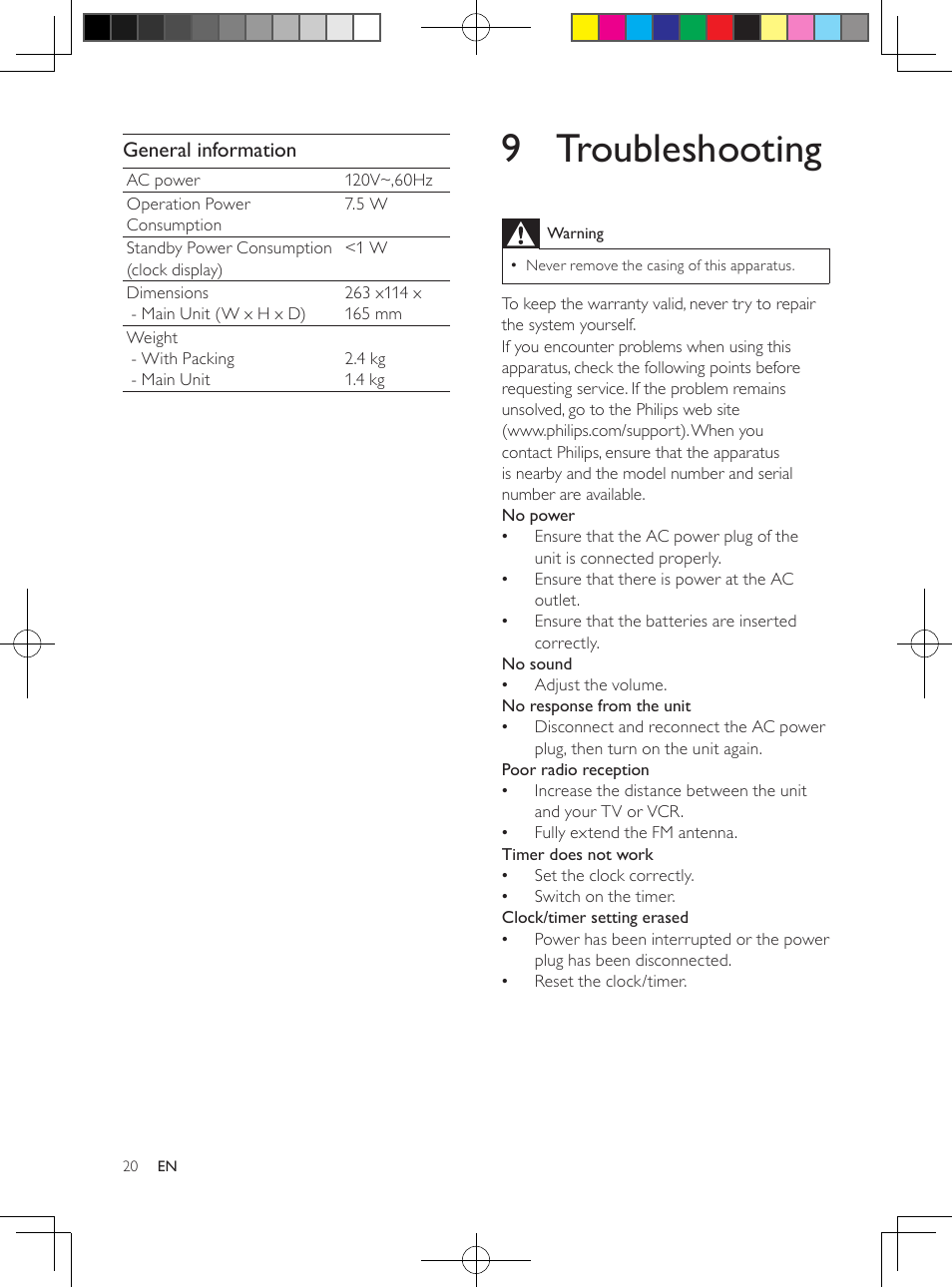 9 troubleshooting, General information | Philips DC291-37 User Manual | Page 20 / 21