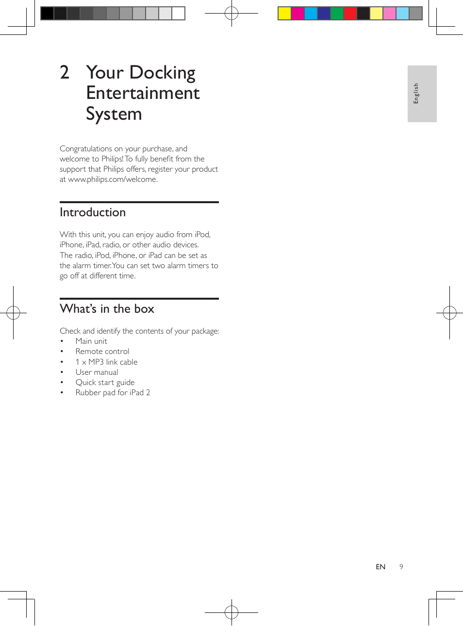 2 your docking entertainment system, Introduction, What’s in the box | Philips DC291-37 User Manual | Page 9 / 21