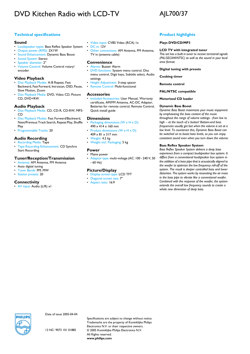 Technical specifications sound, Video playback, Audio playback | Audio recording, Tuner/reception/transmission, Connectivity, Convenience, Accessories, Dimensions, Power | Philips AJL700-37B User Manual | Page 2 / 2