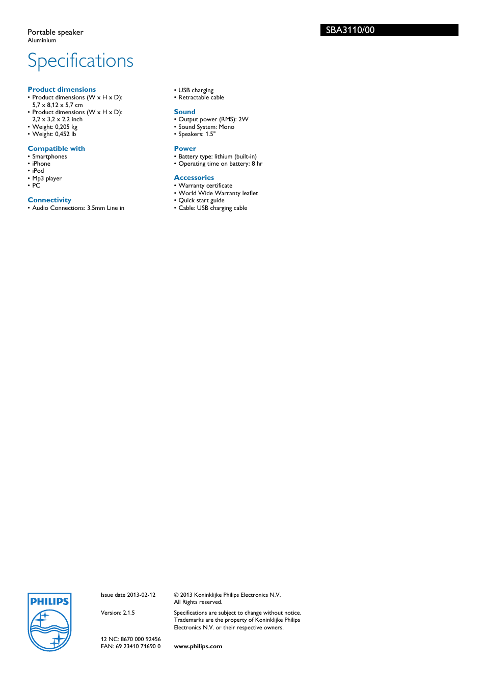 Specifications | Philips SBA3110-00 User Manual | Page 2 / 2