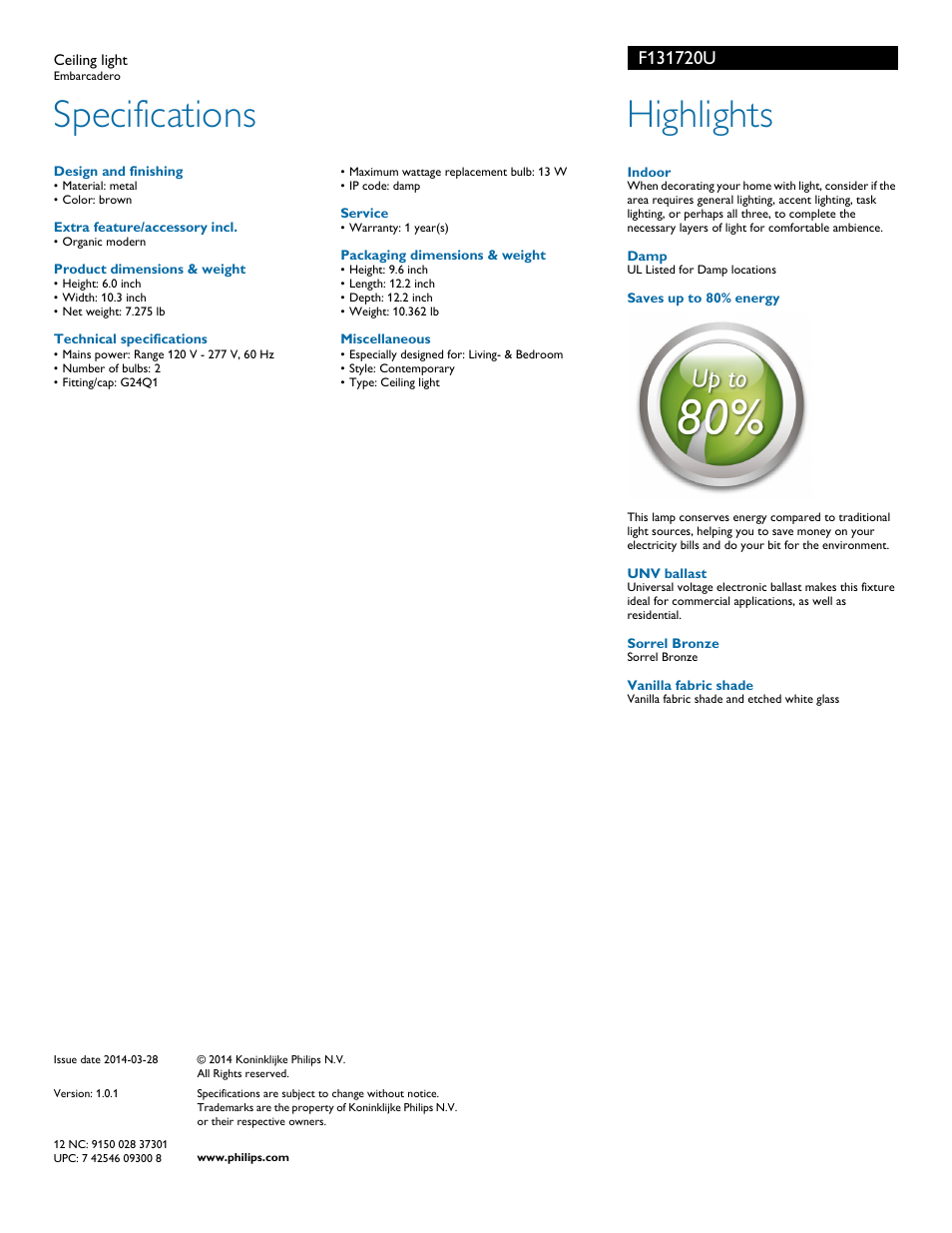 Specifications, Highlights | Philips F131720U User Manual | Page 2 / 2