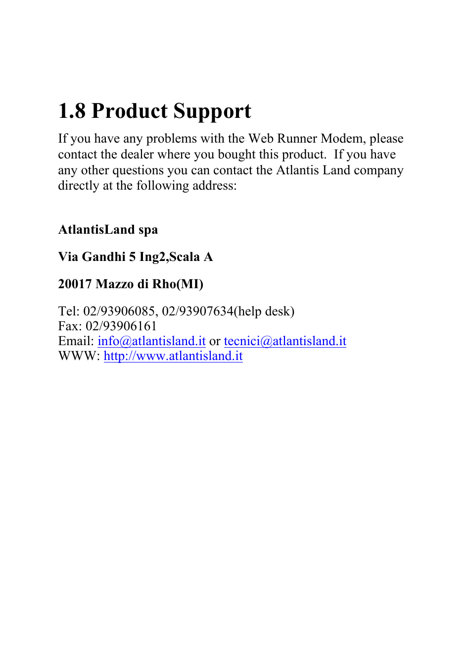 8 product support | Atlantis Land Web Runner 56K V.92 User Manual | Page 12 / 13