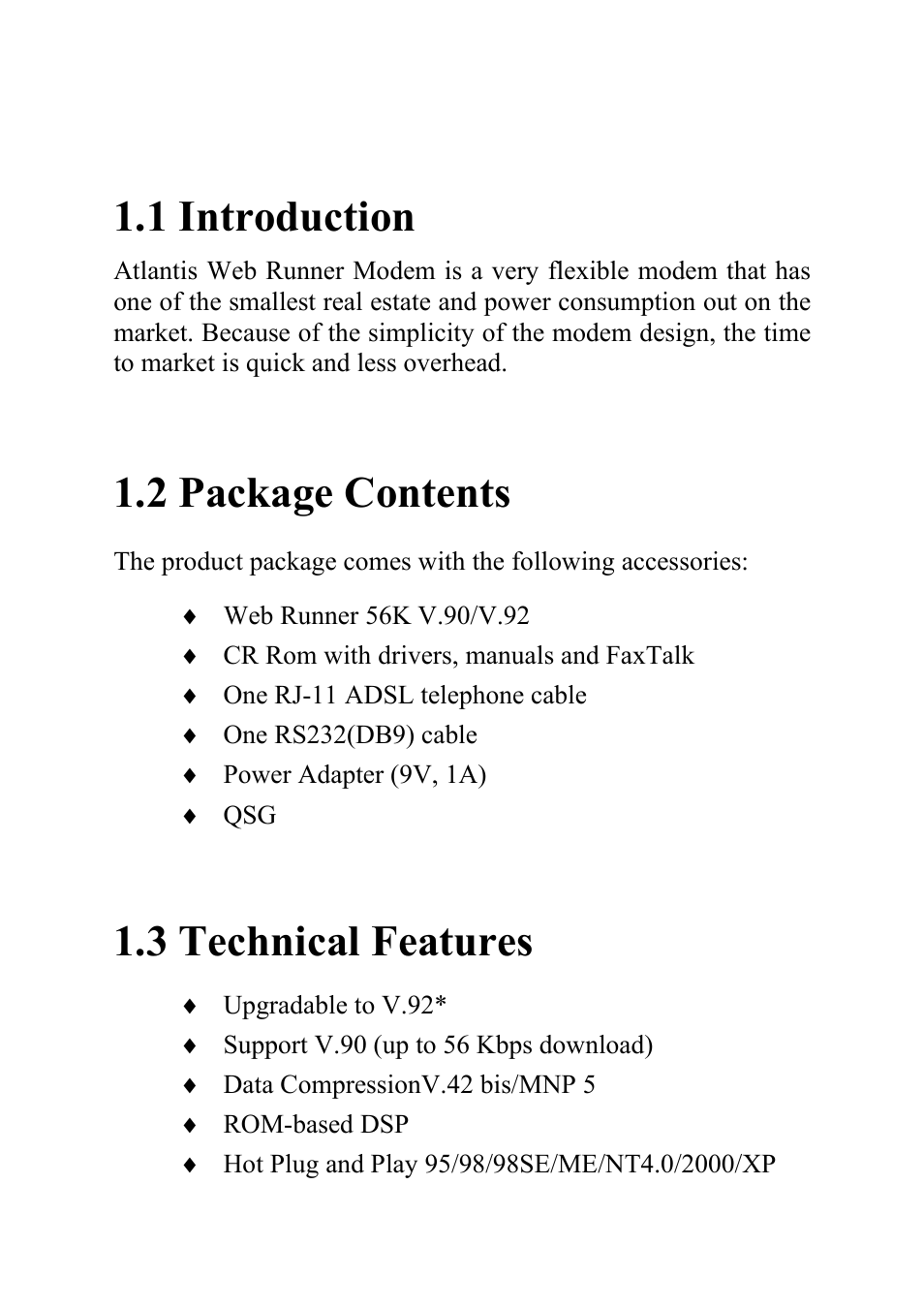 1 introduction, 2 package contents, 3 technical features | Atlantis Land Web Runner 56K V.92 User Manual | Page 5 / 13