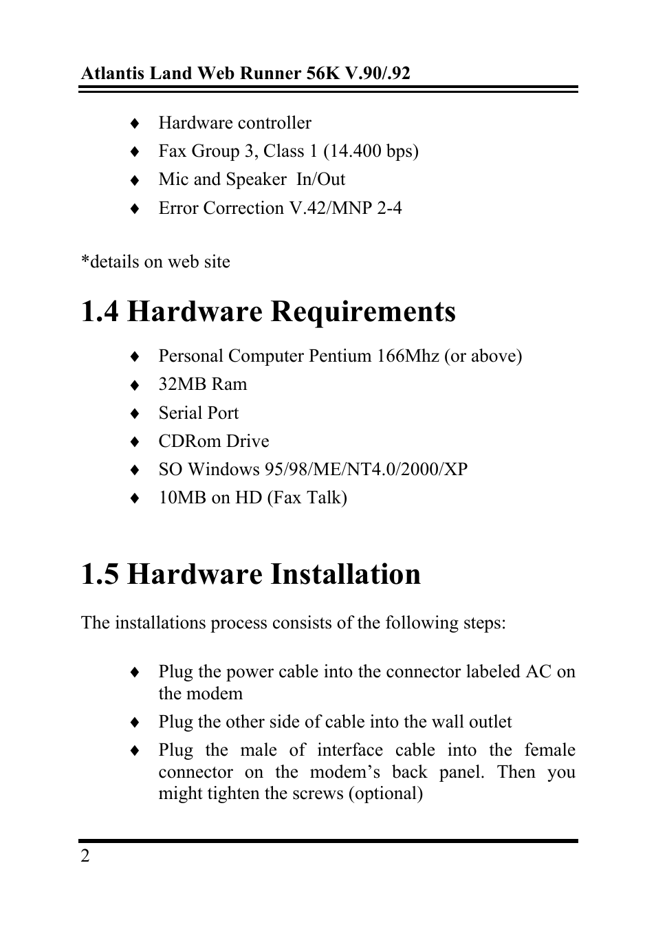 4 hardware requirements, 5 hardware installation | Atlantis Land Web Runner 56K V.92 User Manual | Page 6 / 13