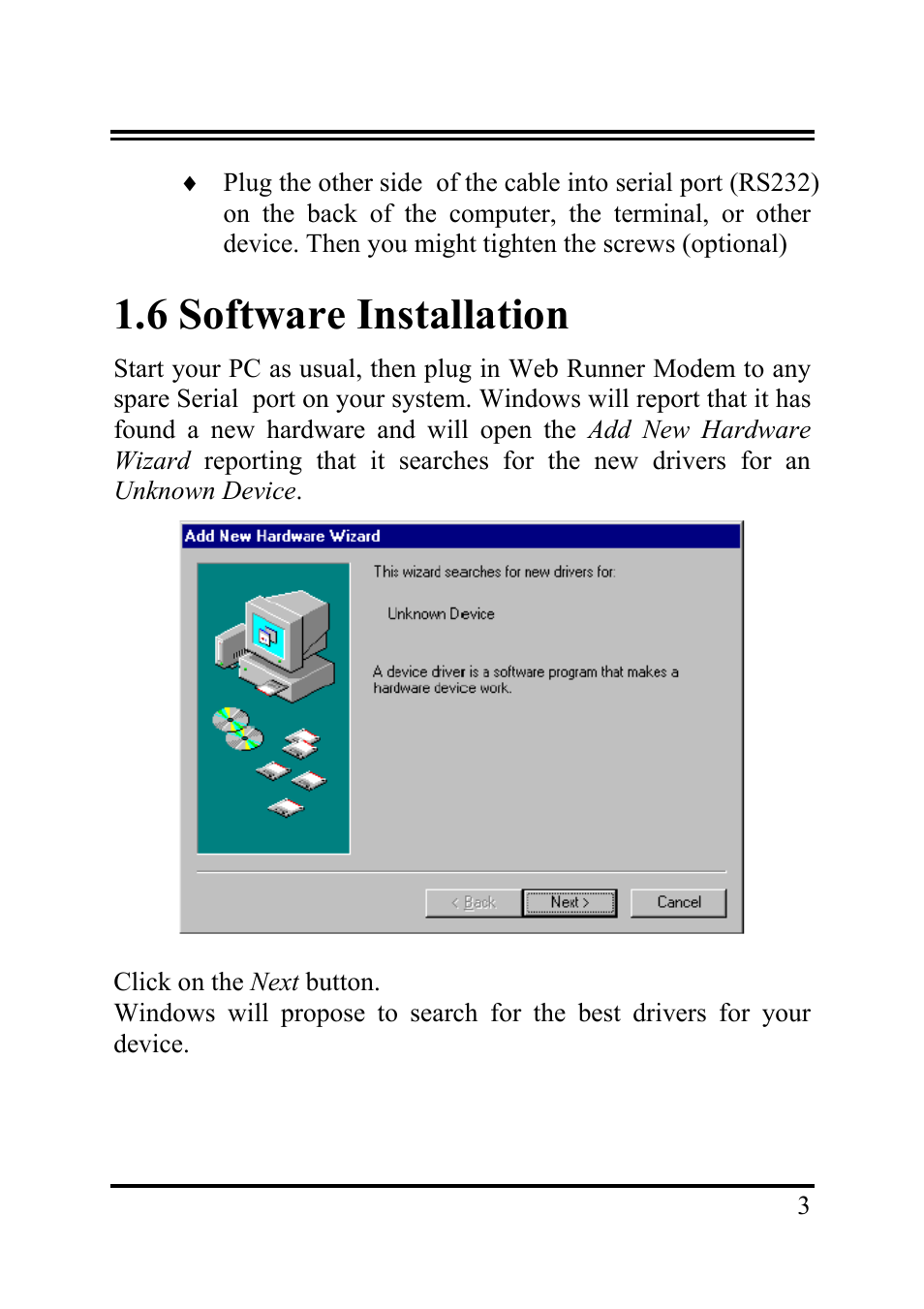 6 software installation | Atlantis Land Web Runner 56K V.92 User Manual | Page 7 / 13
