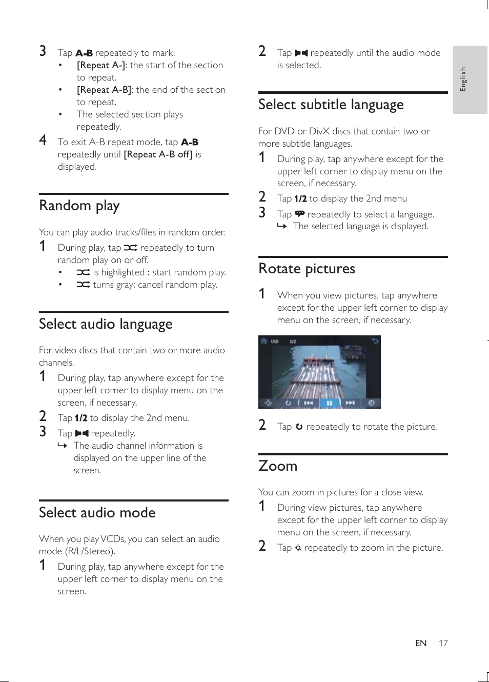 Select subtitle language, Rotate pictures 1, Zoom | Random play, Select audio language, Select audio mode | Philips Car infotainment system CID3610 6.5" touch screen navigation Bluetooth User Manual | Page 16 / 35