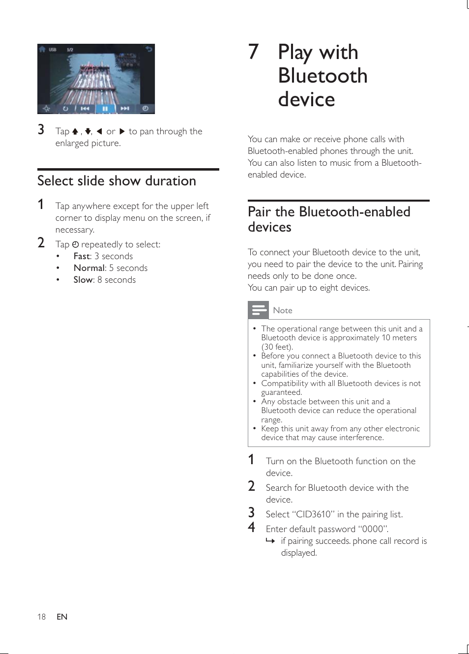 7 play with bluetooth device, Pair the bluetooth-enabled devices, Select slide show duration 1 | Philips Car infotainment system CID3610 6.5" touch screen navigation Bluetooth User Manual | Page 17 / 35