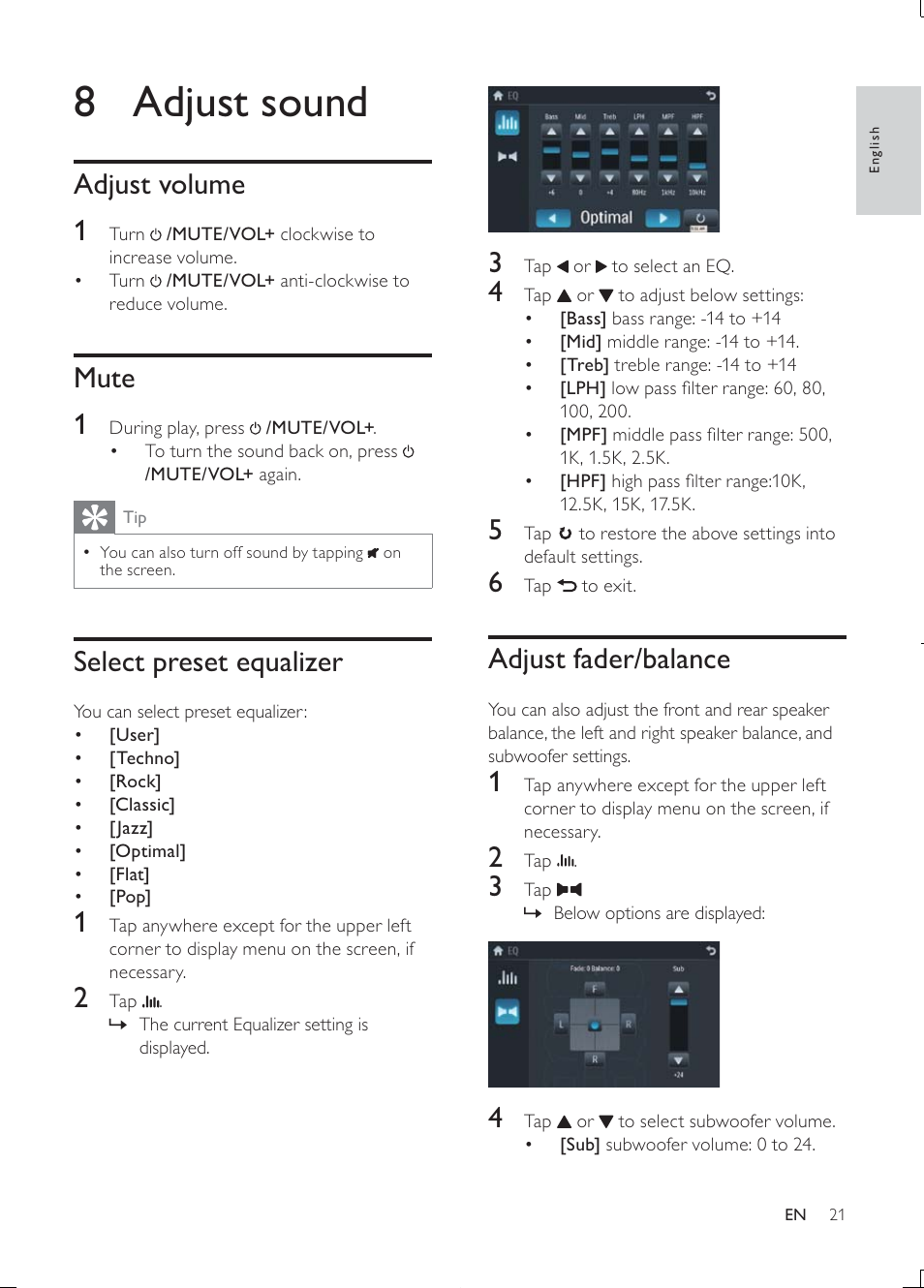 8 adjust sound, Adjust fader/balance, Adjust volume 1 | Mute 1, Select preset equalizer | Philips Car infotainment system CID3610 6.5" touch screen navigation Bluetooth User Manual | Page 20 / 35