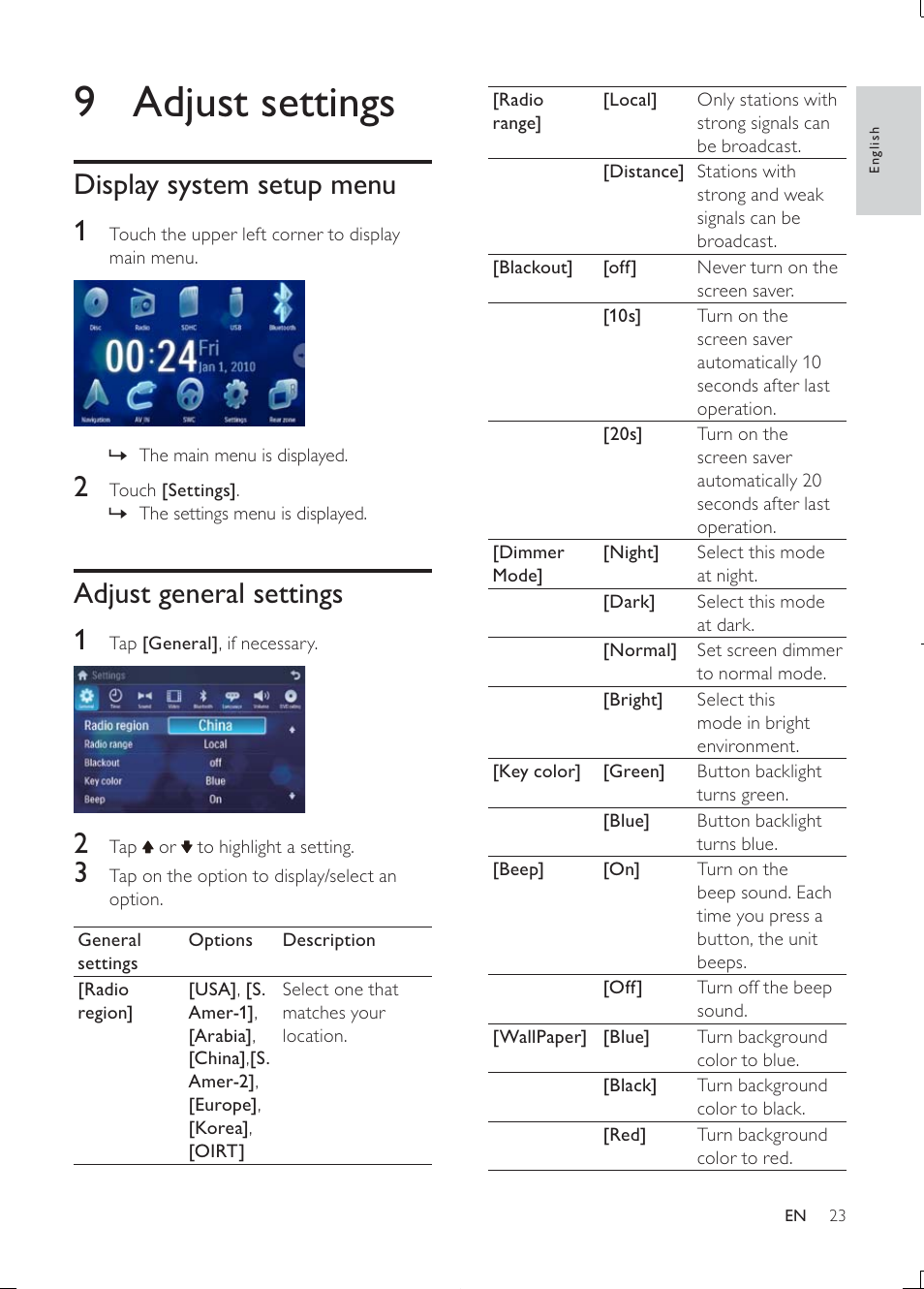 9 adjust settings, Display system setup menu 1, Adjust general settings 1 | Philips Car infotainment system CID3610 6.5" touch screen navigation Bluetooth User Manual | Page 22 / 35