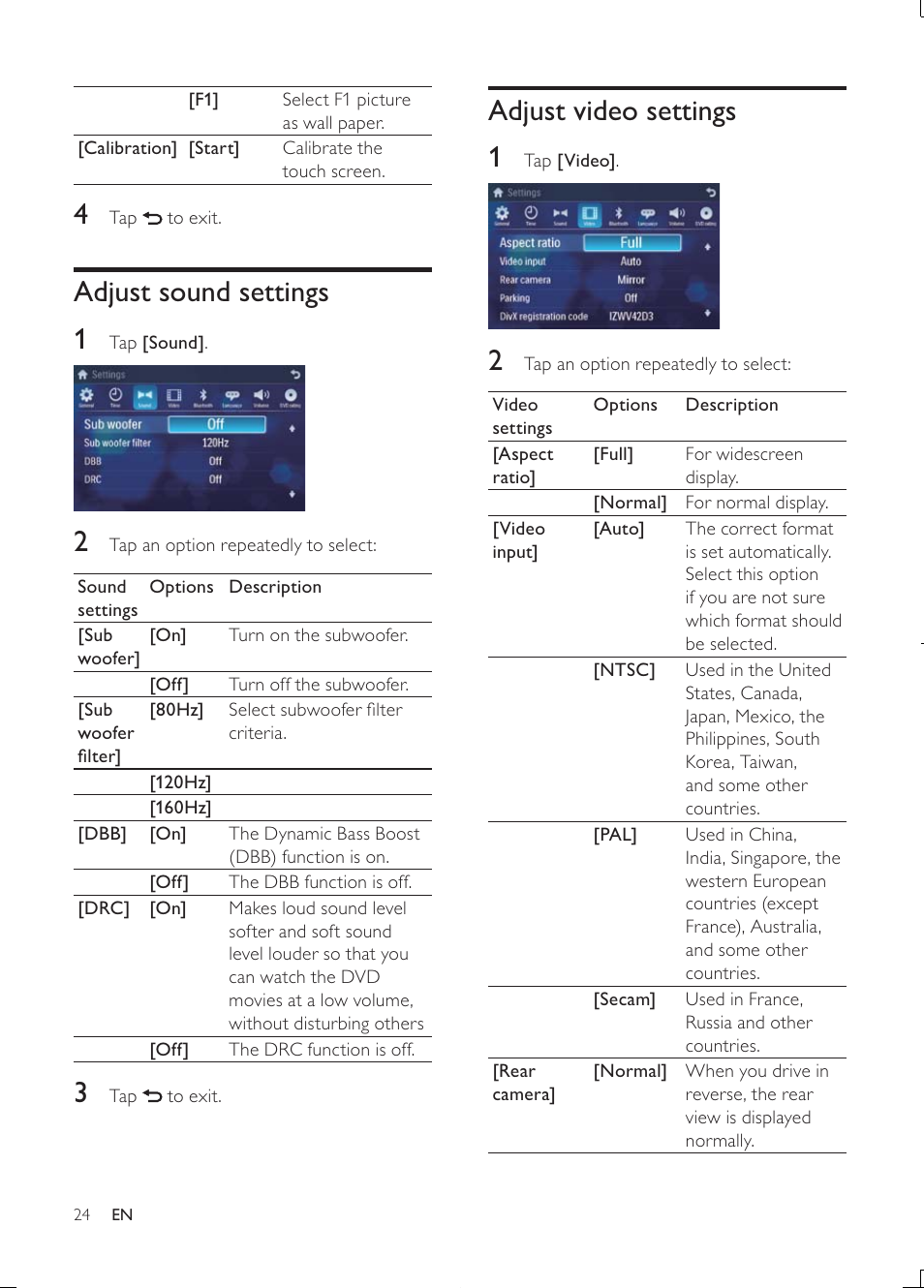 Adjust video settings 1, Adjust sound settings 1 | Philips Car infotainment system CID3610 6.5" touch screen navigation Bluetooth User Manual | Page 23 / 35