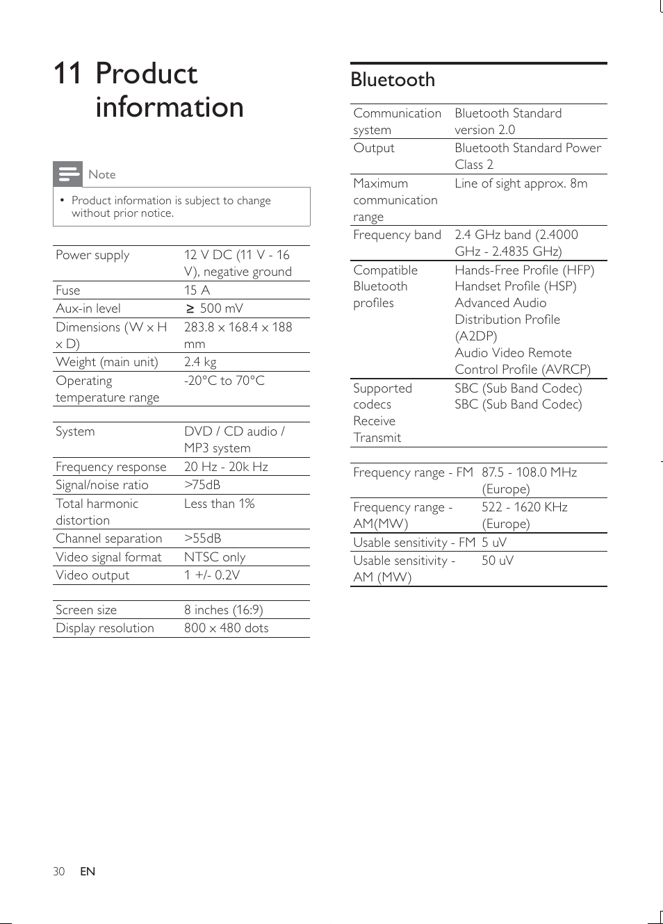 11 product information, Bluetooth | Philips Car infotainment system CID3610 6.5" touch screen navigation Bluetooth User Manual | Page 29 / 35