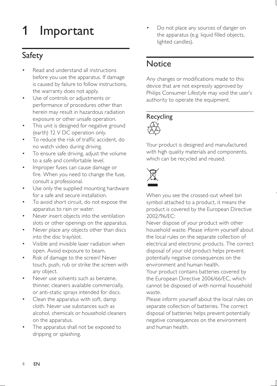 1 important, Notice, Safety | Philips Car infotainment system CID3610 6.5" touch screen navigation Bluetooth User Manual | Page 3 / 35