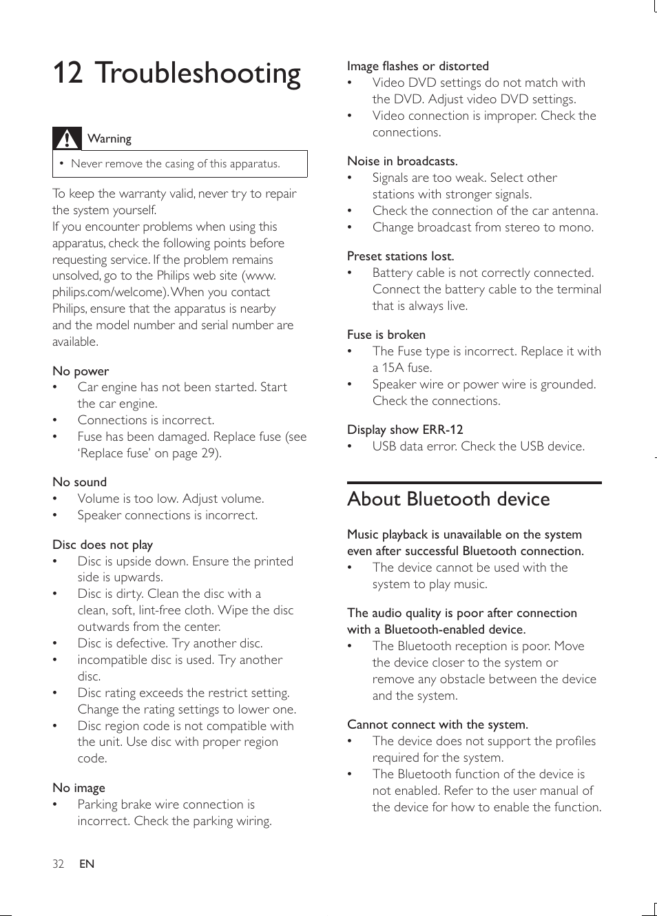 12 troubleshooting, About bluetooth device | Philips Car infotainment system CID3610 6.5" touch screen navigation Bluetooth User Manual | Page 31 / 35