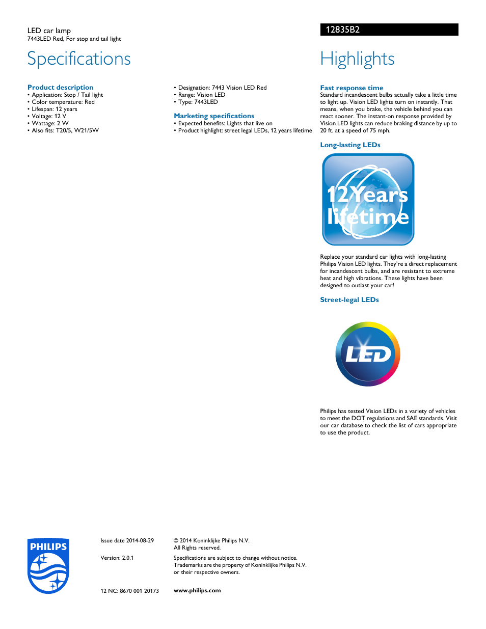 Specifications, Highlights | Philips 12835B2 User Manual | Page 2 / 2