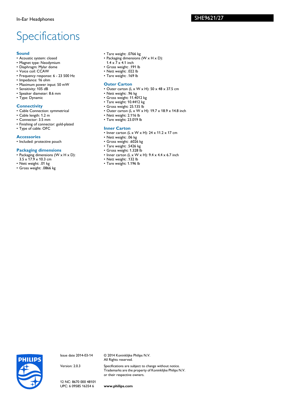 Specifications | Philips SHE9621-27 User Manual | Page 2 / 2