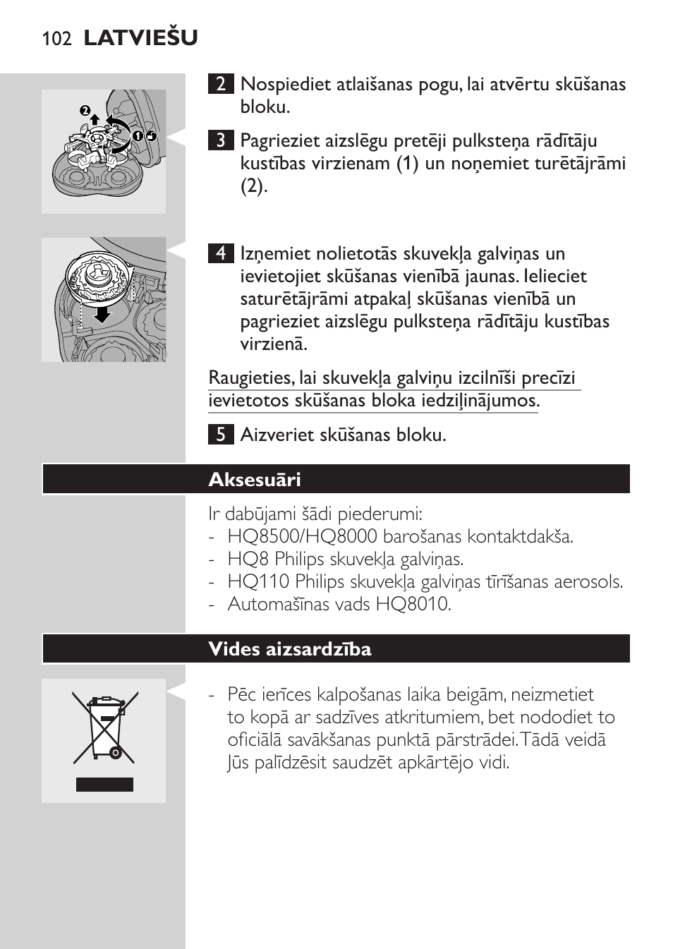 Aksesuāri, Vides aizsardzība | Philips HQ7380-17 User Manual | Page 100 / 184