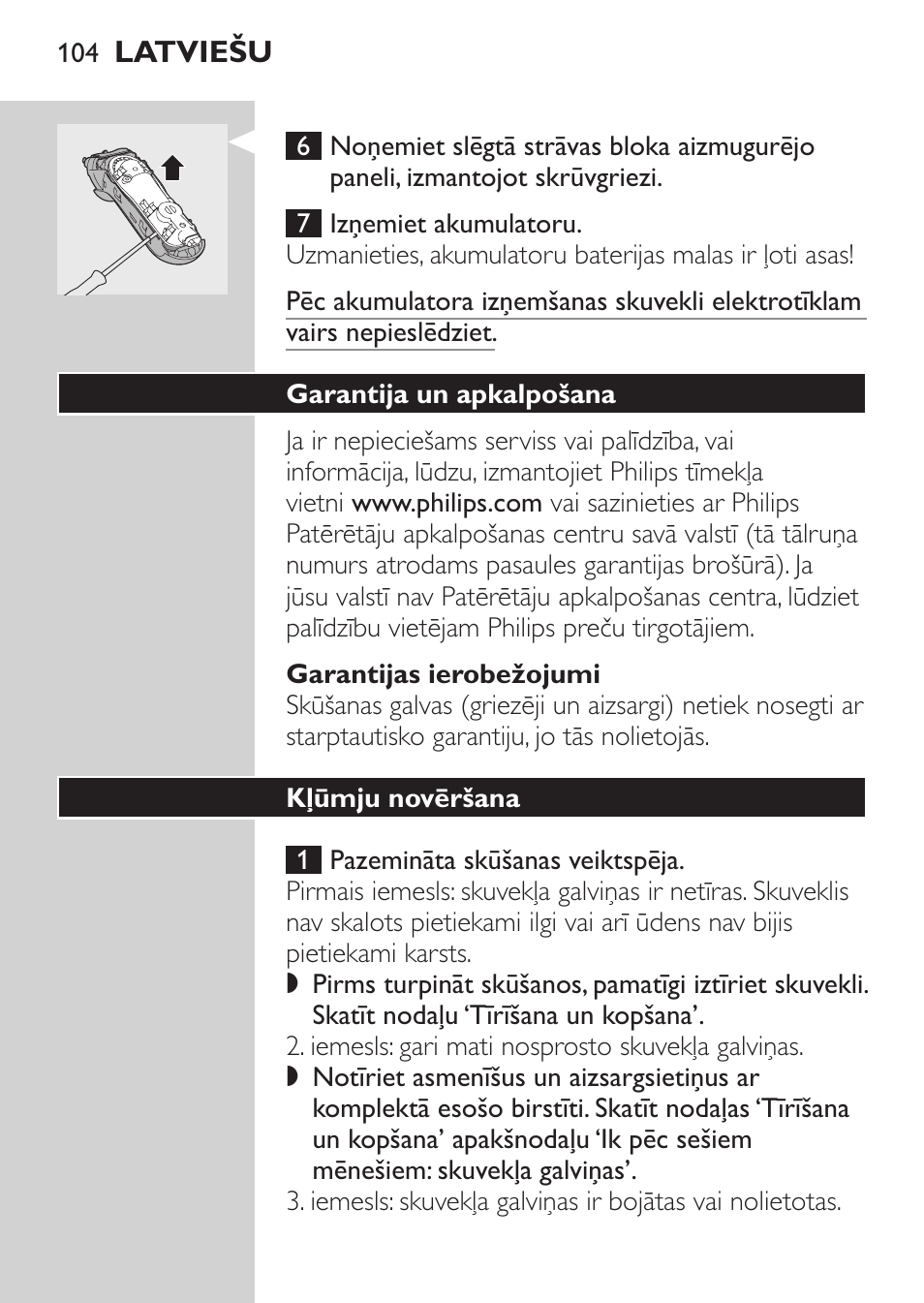 Garantijas ierobežojumi, Garantija un apkalpošana, Kļūmju novēršana | Philips HQ7380-17 User Manual | Page 102 / 184