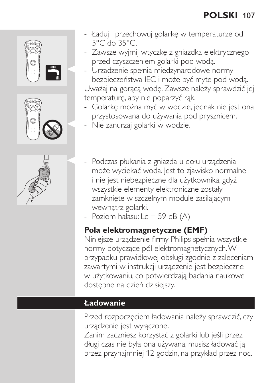 Pola elektromagnetyczne (emf), Ładowanie | Philips HQ7380-17 User Manual | Page 105 / 184