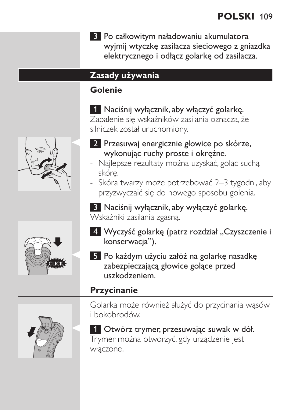 Zasady używania, Golenie, Przycinanie | Philips HQ7380-17 User Manual | Page 107 / 184