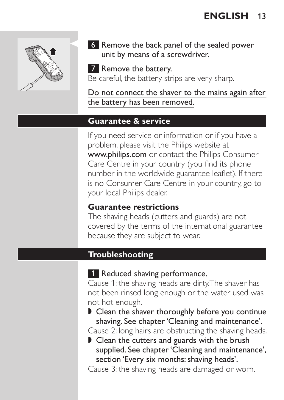 Guarantee restrictions, Guarantee & service, Troubleshooting | Philips HQ7380-17 User Manual | Page 11 / 184