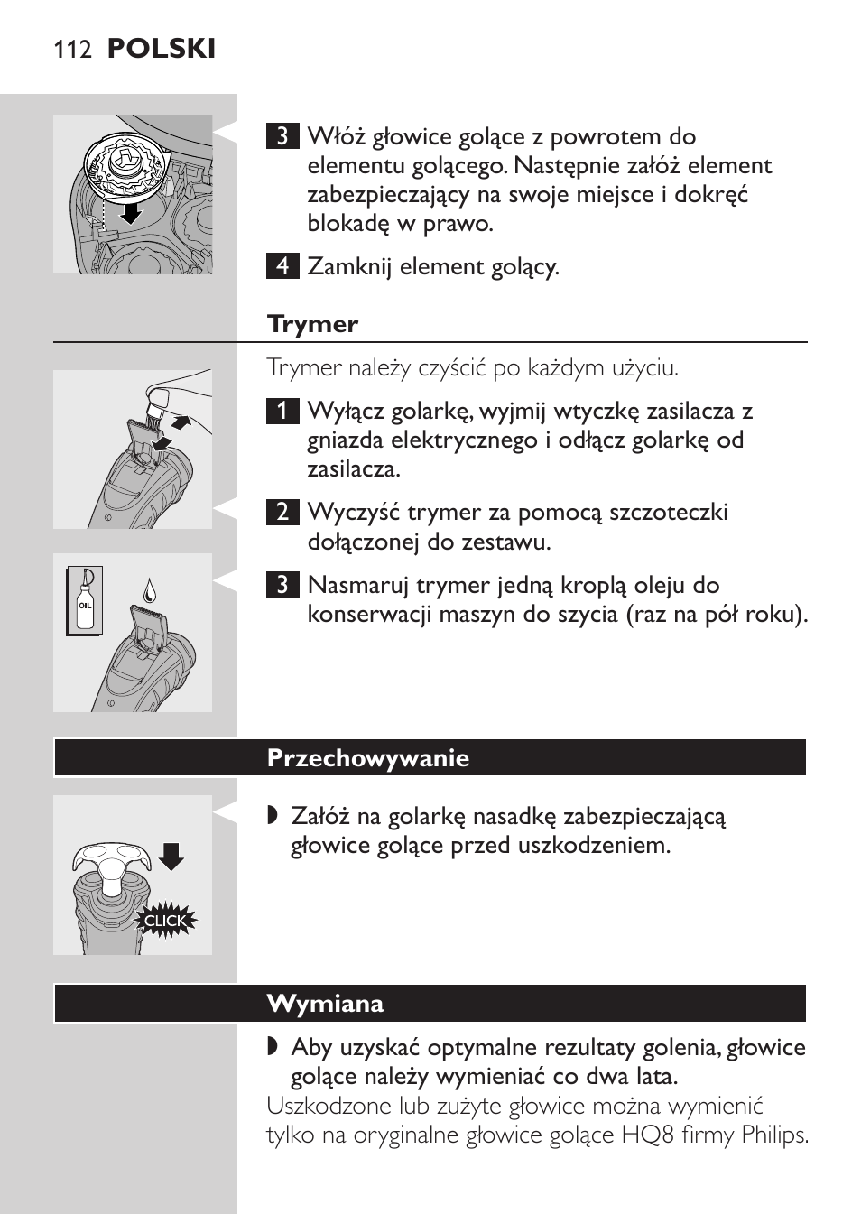 Trymer, Przechowywanie, Wymiana | Philips HQ7380-17 User Manual | Page 110 / 184