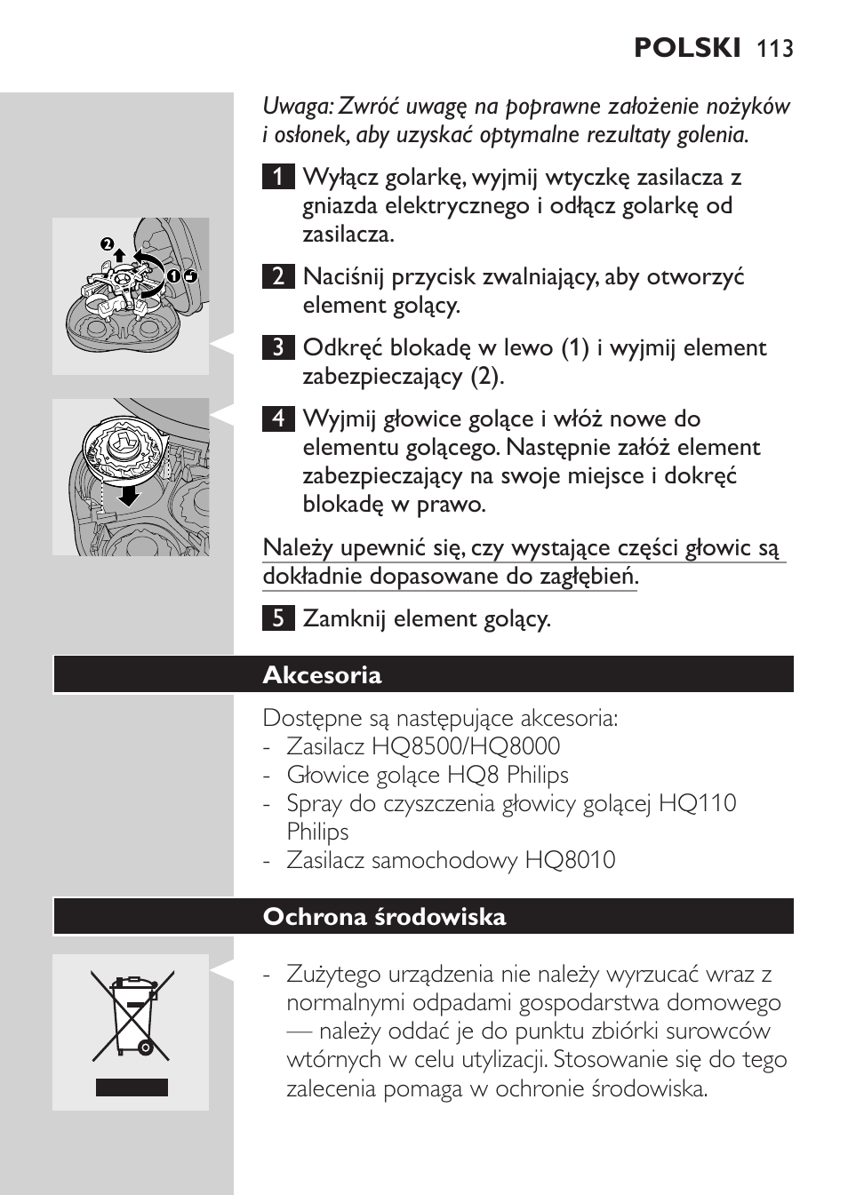 Akcesoria, Ochrona środowiska | Philips HQ7380-17 User Manual | Page 111 / 184