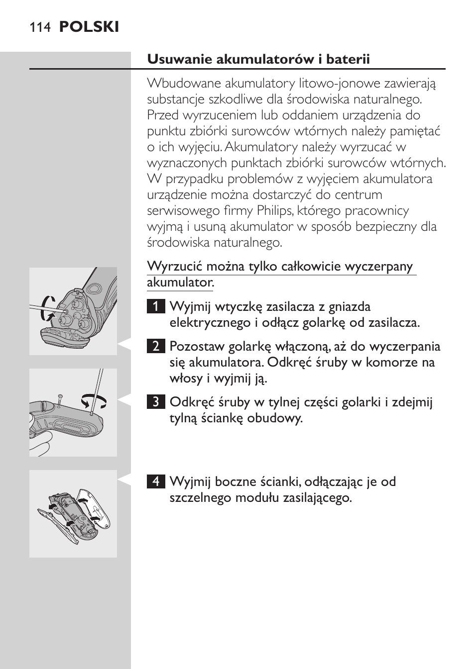 Usuwanie akumulatorów i baterii | Philips HQ7380-17 User Manual | Page 112 / 184