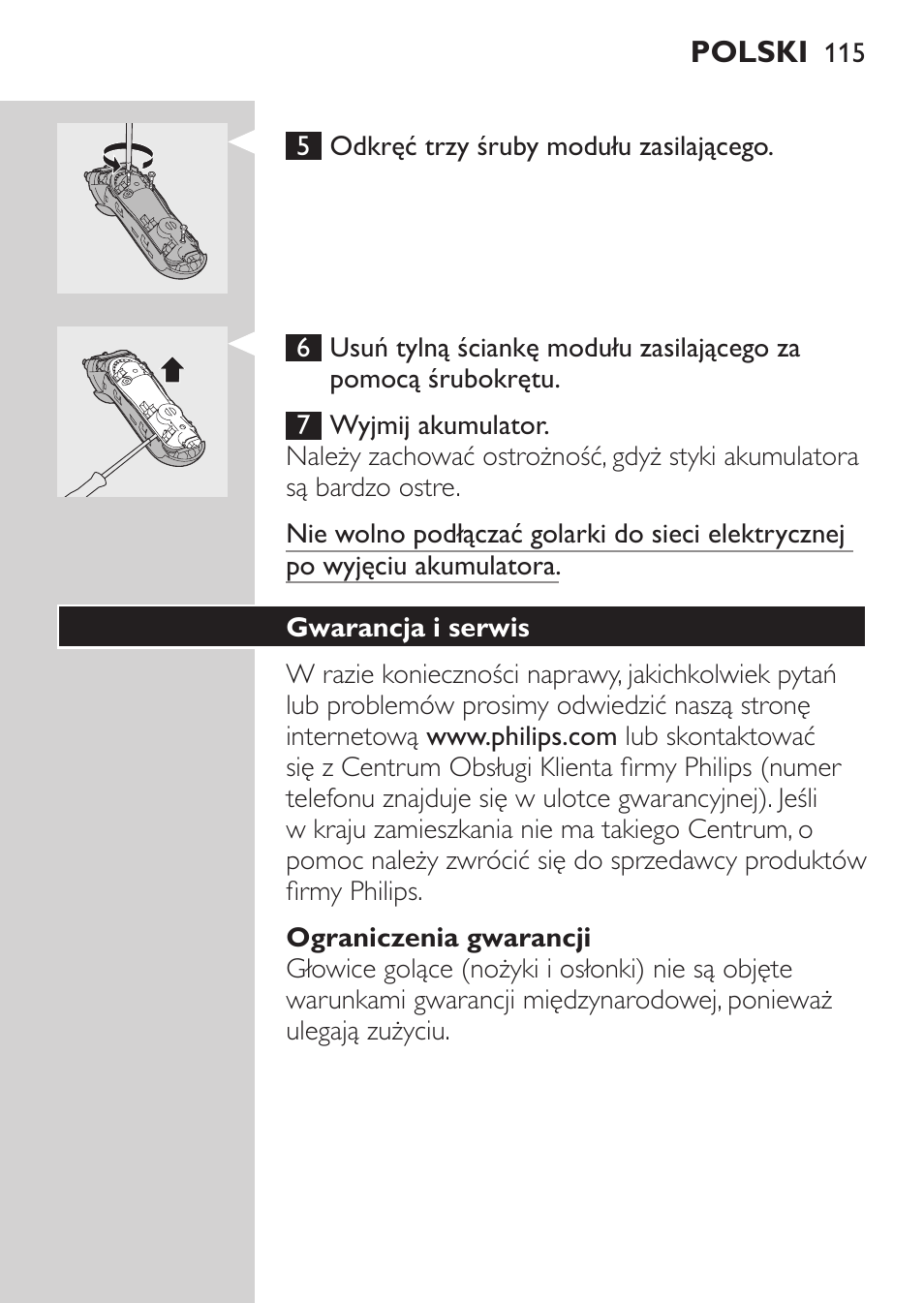 Ograniczenia gwarancji, Gwarancja i serwis, Rozwiązywanie problemów | Philips HQ7380-17 User Manual | Page 113 / 184