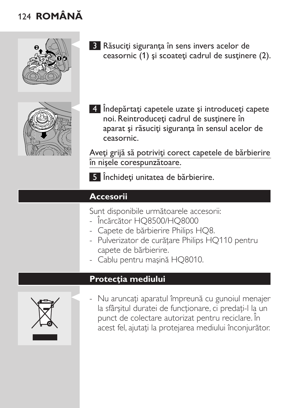 Accesorii, Protecţia mediului | Philips HQ7380-17 User Manual | Page 122 / 184