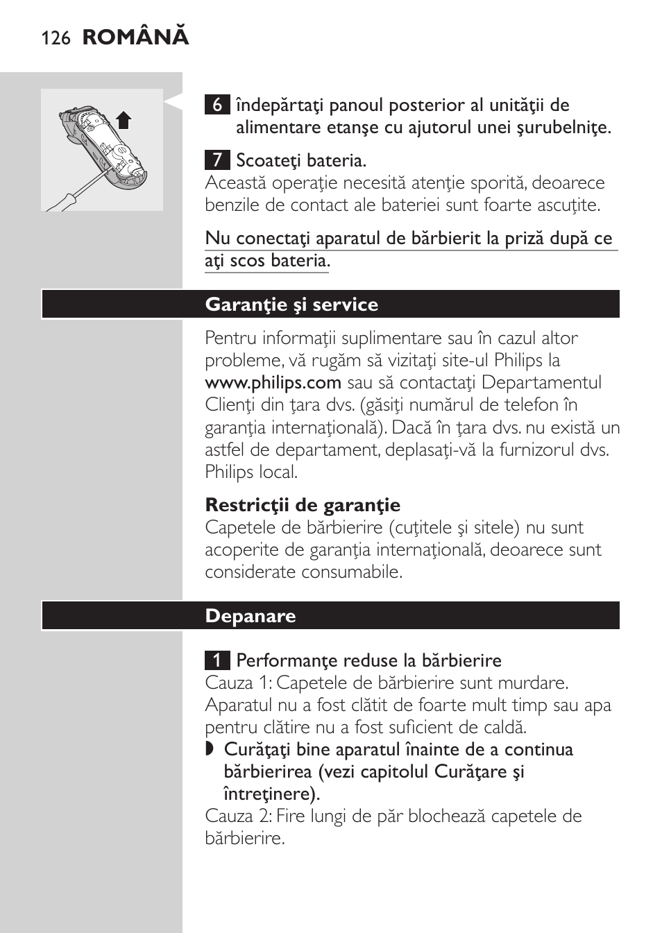 Restricţii de garanţie, Garanţie şi service, Depanare | Philips HQ7380-17 User Manual | Page 124 / 184