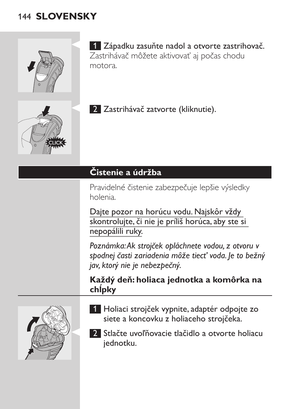 Čistenie a údržba, Každý deň: holiaca jednotka a komôrka na chĺpky | Philips HQ7380-17 User Manual | Page 142 / 184