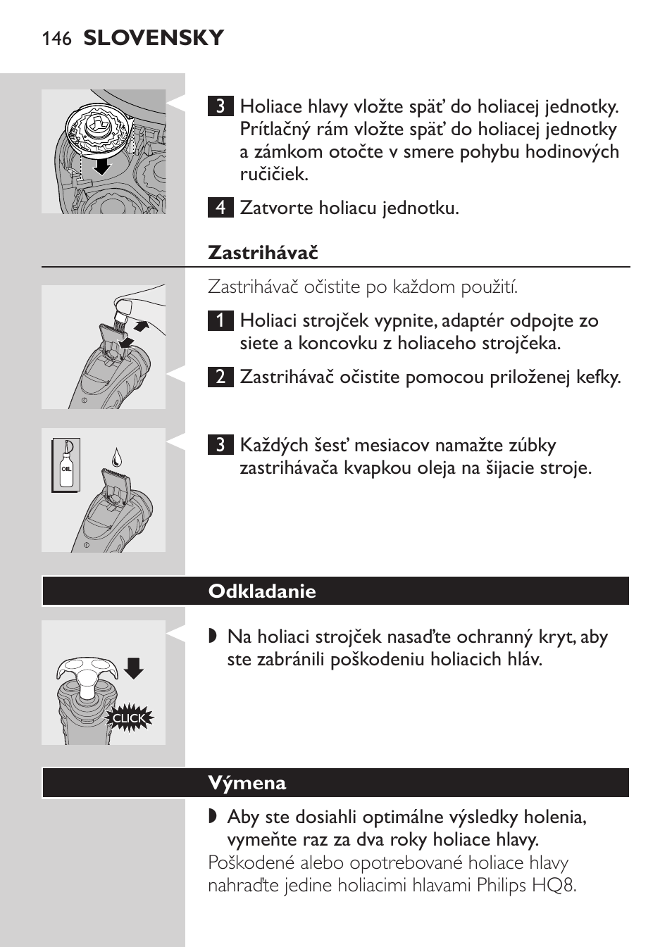 Zastrihávač, Odkladanie, Výmena | Philips HQ7380-17 User Manual | Page 144 / 184