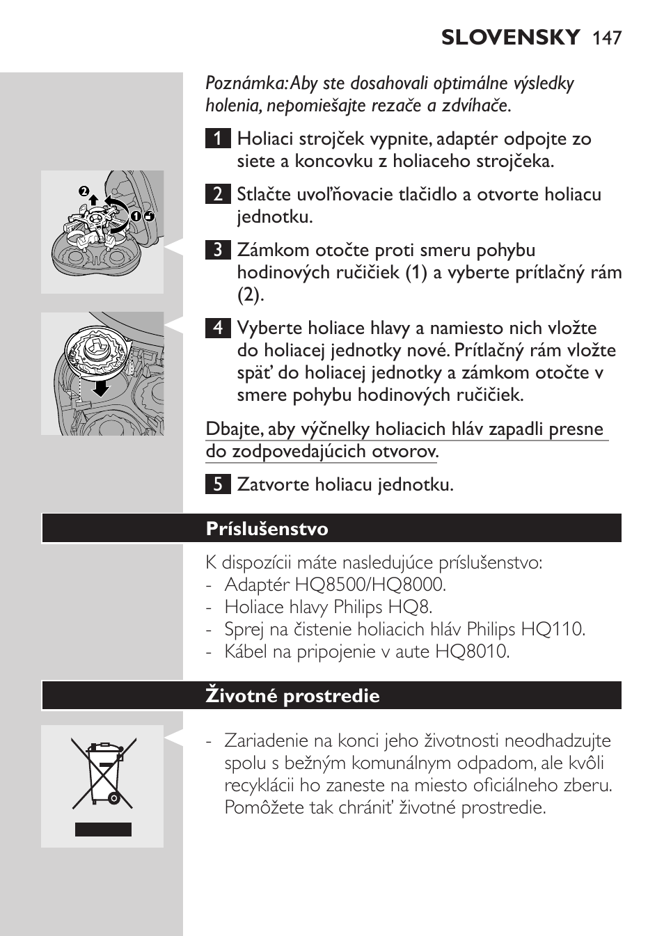 Príslušenstvo, Životné prostredie | Philips HQ7380-17 User Manual | Page 145 / 184