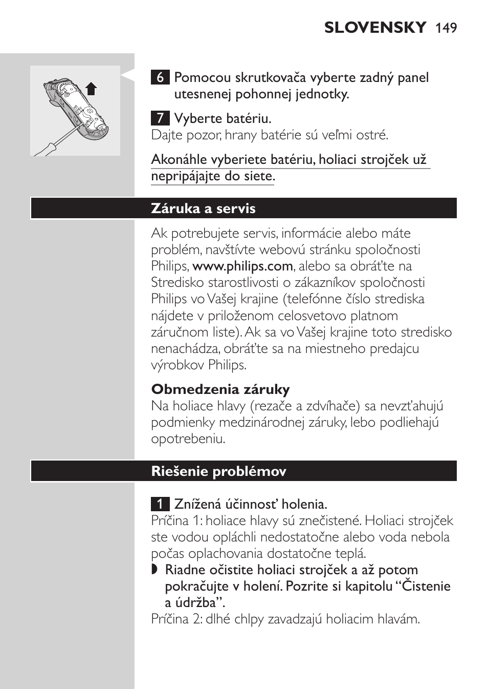 Obmedzenia záruky, Záruka a servis, Riešenie problémov | Philips HQ7380-17 User Manual | Page 147 / 184
