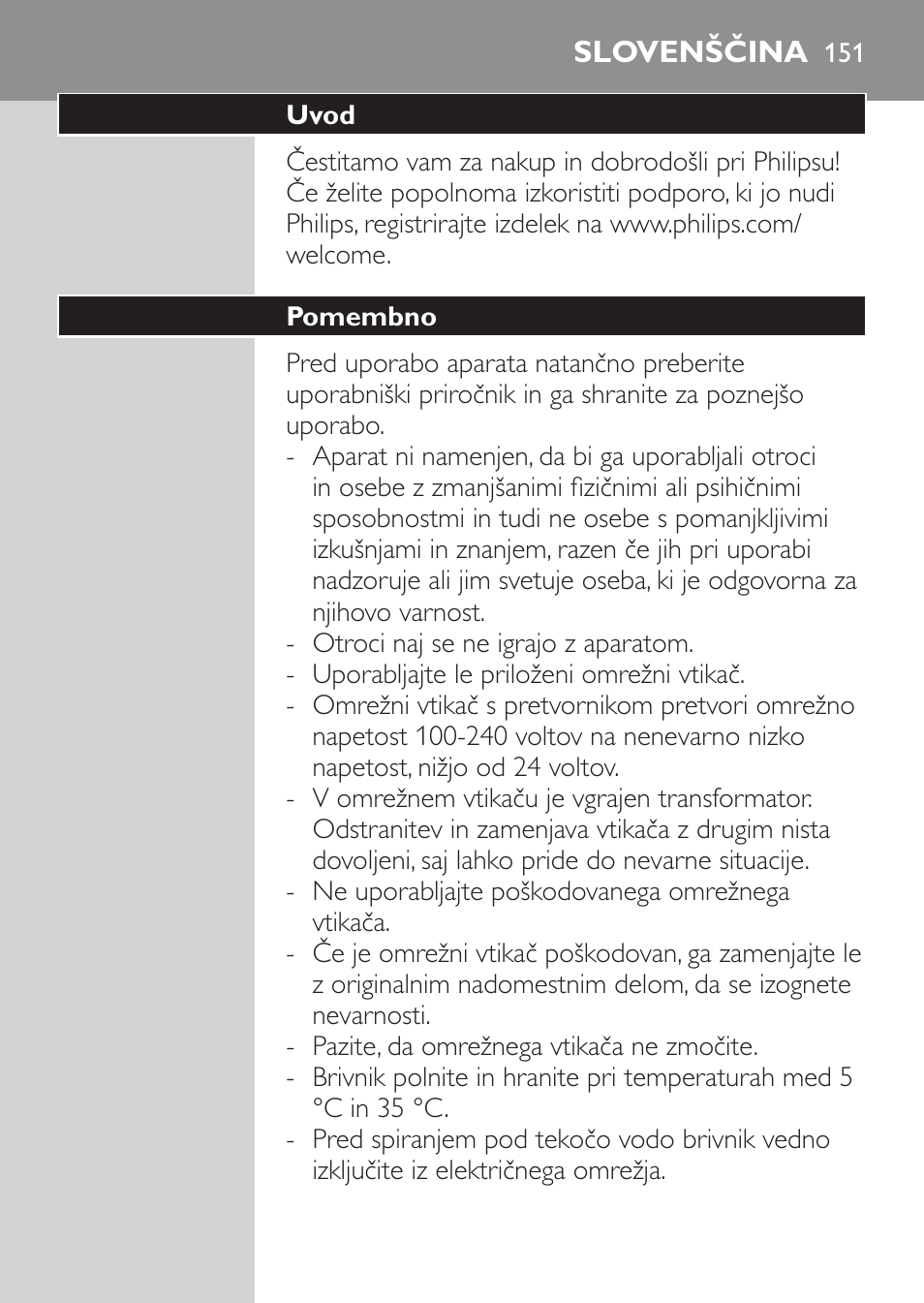 Slovenščina, Uvod, Pomembno | Philips HQ7380-17 User Manual | Page 149 / 184