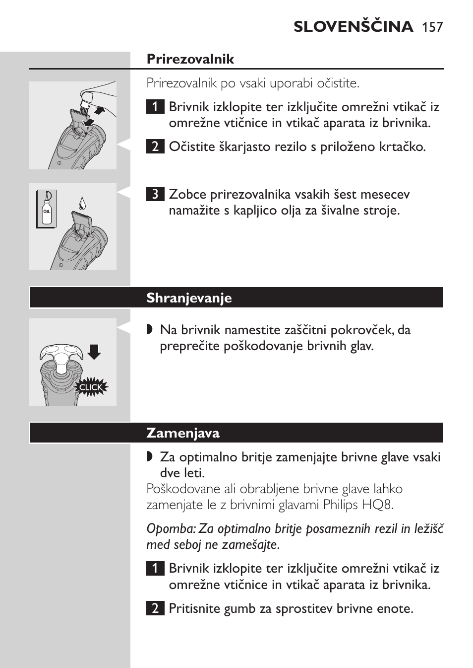 Prirezovalnik, Shranjevanje, Zamenjava | Philips HQ7380-17 User Manual | Page 155 / 184