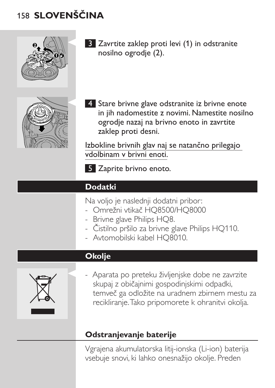Dodatki, Okolje, Odstranjevanje baterije | Philips HQ7380-17 User Manual | Page 156 / 184