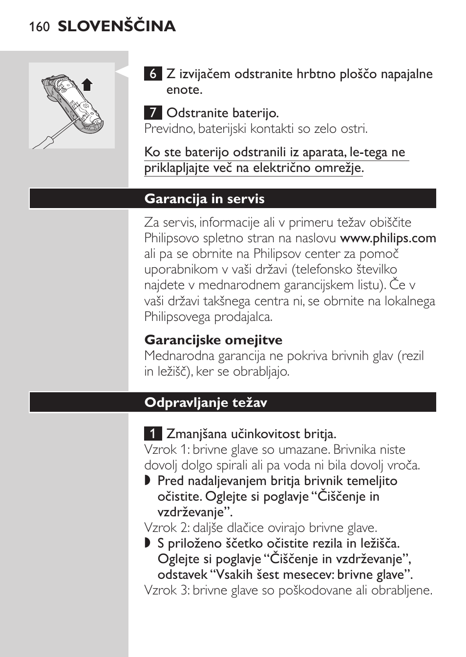 Garancijske omejitve, Garancija in servis, Odpravljanje težav | Philips HQ7380-17 User Manual | Page 158 / 184