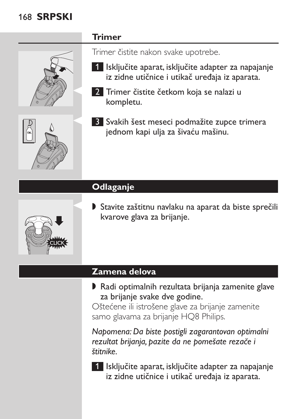 Trimer, Odlaganje, Zamena delova | Philips HQ7380-17 User Manual | Page 166 / 184