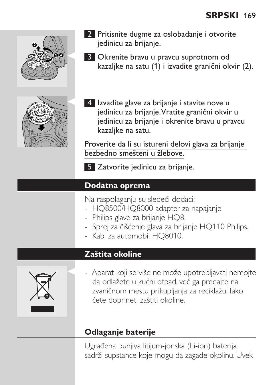 Dodatna oprema, Zaštita okoline, Odlaganje baterije | Philips HQ7380-17 User Manual | Page 167 / 184
