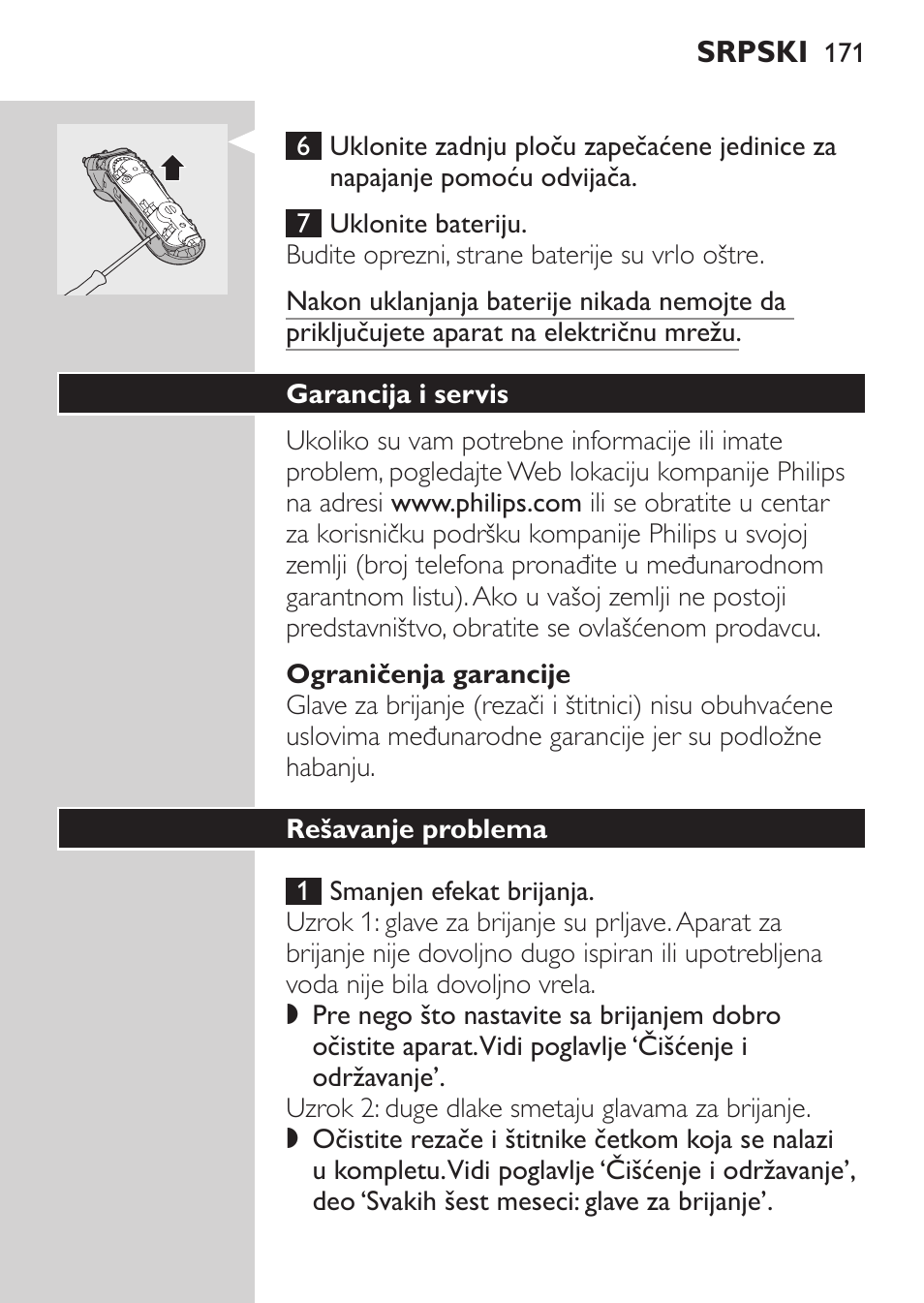 Ograničenja garancije, Garancija i servis, Rešavanje problema | Philips HQ7380-17 User Manual | Page 169 / 184